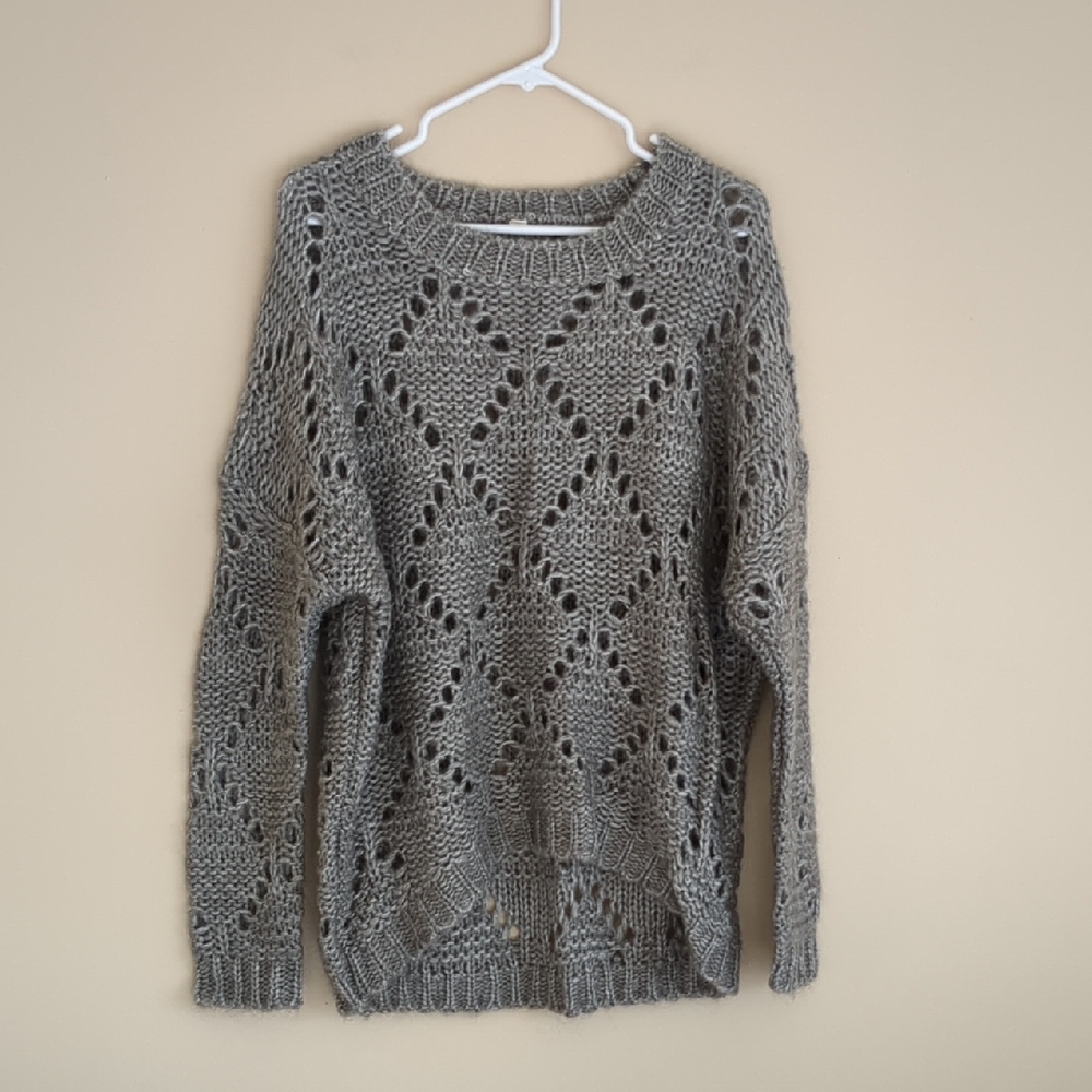 28" Pit-to-pit Gray Mohair Blend T2 Open Knit Sweater Soft Hi-Lo Hemline